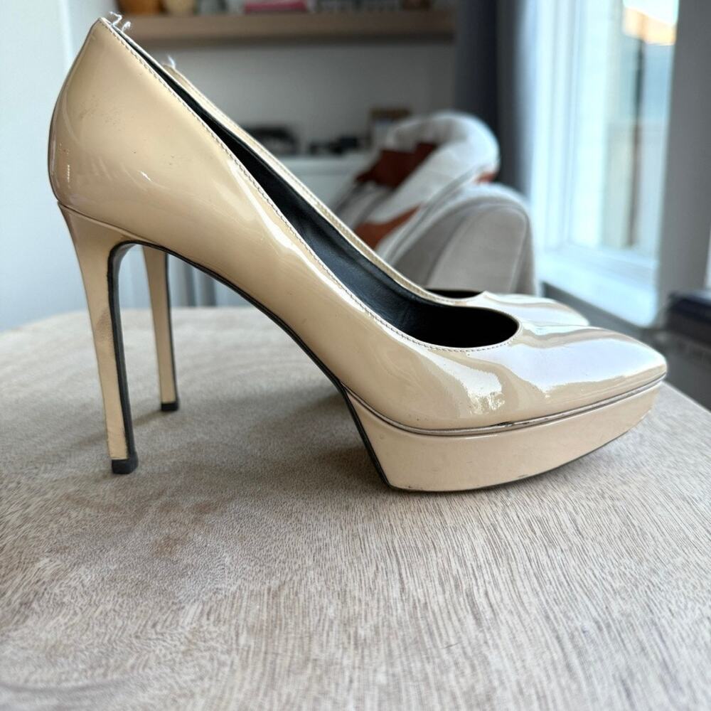 SAINT LAURENT Paris Platform Heels Nude Patent Leather Size 37.5 Italy Glam - Picture 2 of 12